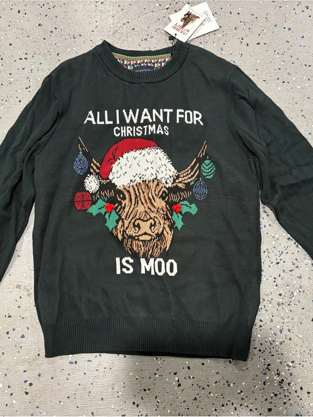 Denim & Flower Dark Green Christmas Cow Graphic Crewneck Sweater
